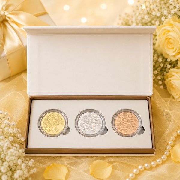 Chaandicart  9gm Round Banyan Tree TRI Colour  999 silver coin Gift Box 3 coin set  